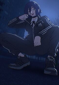 1girl adidas alternate_costume black_jacket black_pants black_ribbon black_shoes blue_hair building chainsaw_man collared_shirt commentary cross-laced_shoes full_body green_eyes grenade_pin hair_between_eyes highres jacket looking_at_viewer neck_ribbon outdoors pants partially_unzipped reze_(chainsaw_man) ribbon russian_commentary shirt shoes slav_squatting sneakers solo spoiledmuffin squatting tongue tongue_out track_jacket track_pants track_suit white_shirt