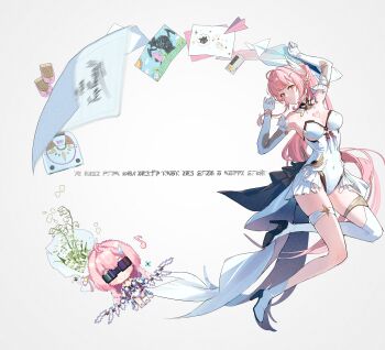 1girl absurdres aemeath_(wuthering_waves) arm_up bare_shoulders bouquet breasts chinese_commentary closed_mouth commentary_request covered_navel drawing_(object) elbow_gloves fake_text flower gloves grey_background hair_ornament hand_up high_heels highres if_happiness_is_a_circle_(meme) jimizuai- leotard long_hair looking_at_viewer medium_breasts meme musical_note official_art_inset orange_eyes paper_airplane pink_hair ponytail showgirl_skirt simple_background skirt smile solo strapless strapless_leotard thighs very_long_hair white_gloves white_leotard white_skirt wuthering_waves