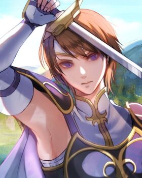 1girl arm_up armor armpits breastplate brown_hair commentary_request fingerless_gloves fire_emblem fire_emblem:_path_of_radiance fire_emblem:_radiant_dawn gloves holding holding_sword holding_weapon looking_to_the_side nintendo outdoors pauldrons purple_eyes short_hair shoulder_armor solo souyou26 sword tanith_(fire_emblem) upper_body weapon