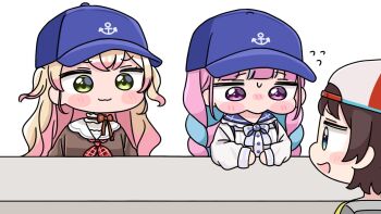 3girls :d anchor_symbol backwards_hat baseball_cap blonde_hair blue_bow blue_eyes blue_hair blue_hat blue_sailor_collar blush blush_stickers bow braid brown_shirt chibi closed_mouth flying_sweatdrops green_eyes grey_hat hat hololive long_hair long_sleeves low_twintails minato_aqua minato_aqua_(sailor) mochimiko momosuzu_nene momosuzu_nene_(casual) multicolored_hair multiple_girls nose_blush oozora_subaru oozora_subaru_(1st_costume) open_mouth pink_hair puffy_long_sleeves puffy_sleeves purple_eyes sailor_collar school_uniform serafuku shirt simple_background smile twin_braids twintails two-tone_hair upper_body very_long_hair virtual_youtuber white_background white_sailor_collar white_shirt yurie_mouth