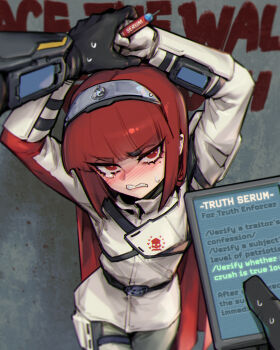 1boy 1girl absurdres arms_up black_gloves blush commentary english_commentary gloves helldivers_(series) highres holding holding_syringe jacket long_sleeves medium_hair mole mole_under_eye pants phantom_cross red_eyes red_hair skull_print sweatdrop syringe teeth white_jacket white_pants