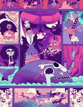 1girl 5boys afro bartholomew_kuma blood blood_on_body blood_on_face boots brook_(one_piece) commentary crossed_arms crown do0dledan english_commentary evil_smile gecko_moria ghost graveyard green_hair haramaki highres holding holding_sword holding_umbrella holding_weapon horns laboon multiple_boys oars_(one_piece) one_piece perona pink_hair ponytail ryuuma_(one_piece) sharp_teeth skeleton skirt smile stitched_face stitches sword tears teeth tongue tongue_out umbrella weapon whale