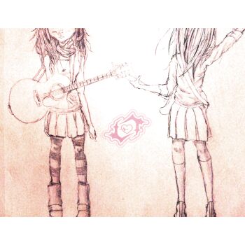 2girls absurdres album_cover bad_link cover guitar highres instrument lucy_bedroque lucy_bedroque_(artist) miniskirt multiple_girls official_art skirt