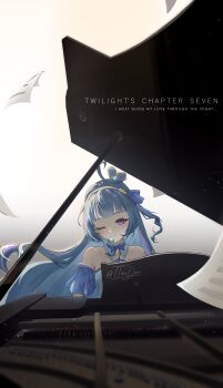 Rule 34 | 1girl, absurdres, ahoge, aokaze nana, aqua hair, ayesha618, bare shoulders, blue skirt, blue theme, blush, breasts, brooch, closed mouth, collarbone, commentary request, cure wink, dress, grand piano, headset, heart, heart brooch, highres, idol, idol clothes, idol heart brooch (precure), idol heart incom, instrument, jewelry, kimi to idol precure, long hair, looking at viewer, medium breasts, multicolored hair, one eye closed, piano, plaid clothes, plaid sleeves, precure, purple eyes, purple hair, short sleeves, skirt, smile, solo, strapless, strapless dress, very long hair, watermark