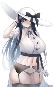1girl black_hair black_panties black_thighhighs blush bow breasts dress garter_belt garter_straps gloves hasshaku-sama hat hat_bow highres japanese_urban_legends large_breasts long_hair looking_at_viewer mole mole_under_mouth nahanmin navel one_eye_covered open_mouth panties red_eyes see-through_clothes see-through_dress simple_background solo thighhighs traditional_youkai underwear white_background white_dress white_gloves white_hat