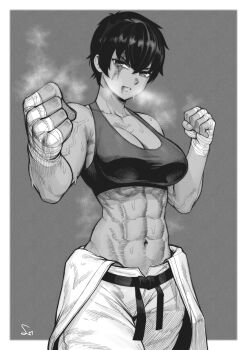 1girl abs absurdres bandaged_hand bandages bare_shoulders black_hair black_sports_bra border breasts cleavage collarbone detailed_knuckles dougi exercising fingernails grey_background greyscale heavy_breathing highres large_breasts monochrome muscular muscular_female original pixie_cut short_hair signature solo speedl00ver sports_bra steaming_body sweat tomboy toned veins veiny_arms white_border