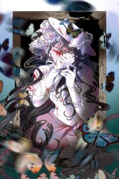 1girl absurdres biquan_dogger black_hair blood blood_on_face blood_on_hands blood_on_hat blue_background bow bug butterfly dress gloves hands_up hat hat_bow highres insect isolde_(reverse:1999) juliet_sleeves long_hair long_sleeves looking_at_viewer picture_frame profile puffy_sleeves purple_eyes reverse:1999 solo too_many too_many_butterflies turning_head upper_body veil very_long_hair white_bow white_dress white_gloves white_hat white_veil