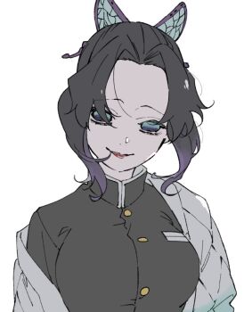 1girl black_hair black_jacket blue_eyes breasts butterfly_hair_ornament butterfly_print_haori closed_mouth colored_tips demon_slayer_uniform dodekai_crape gold_buttons hair_ornament jacket kimetsu_no_yaiba kochou_shinobu light_smile medium_breasts multicolored_hair parted_bangs purple_hair sidelocks solo updo upper_body white_background