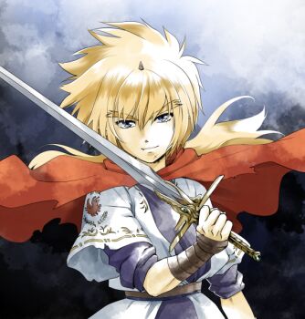 1boy belt black_background black_eyes blonde_hair cape chigayasan closed_mouth commentary_request hair_between_eyes holding holding_sword holding_weapon horns long_hair looking_at_viewer male_focus mashin_eiyuuden_wataru red_cape scar scar_on_chin scar_on_face single_horn solo sword toraou tunic upper_body weapon