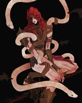 1boy animal armor base_serpent_messmer bat_wings black_background black_nails claws crossed_legs elden_ring elden_ring:_shadow_of_the_erdtree eye_injury feet_out_of_frame giant_snake gold_bracer green_eyes holding holding_polearm holding_weapon injury looking_down lycanbugs medium_hair missing_eye oversized_animal pale_skin polearm red_hair red_snake scale_armor sharp_nails sitting slit_pupils snake snake_wrapped_around_body solo spear wavy_hair weapon white_snake wings