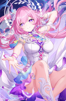 1girl absurdres bare_shoulders breasts commentary_request cyrene_(honkai:_star_rail) cyrene_(ripples_of_past_reverie)_(honkai:_star_rail) diamond-shaped_pupils diamond_(shape) dress flower hair_flower hair_ornament halo halo_behind_head highres honkai:_star_rail honkai_(series) lengyu_tk long_hair looking_at_viewer partial_commentary pink_hair pointy_ears purple_eyes reaching reaching_towards_viewer revision sky smile solo star_(sky) starry_sky symbol-shaped_pupils thighs very_long_hair white_dress