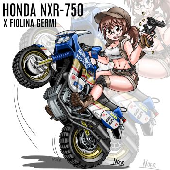 1girl artist_name boots breasts brown_boots brown_eyes brown_gloves brown_hair brown_hat brown_shorts brown_vest character_name clothing_cutout commentary crop_top field_cap fingerless_gloves fio_germi full_body glasses gloves gun handgun hat highres hip_vent holding holding_gun holding_weapon honda honda_nxr750 knee_pads looking_at_viewer medium_breasts medium_hair metal_slug midriff motor_vehicle motorcycle navel noerartworks on_motorcycle open_clothes open_mouth open_vest ponytail revolver riding short_shorts shorts smile solo tank_top teeth upper_teeth_only vest weapon wheelie white_tank_top zoom_layer