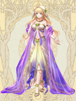 1girl anklet armlet blonde_hair breasts dairoku_ryouhei earrings elizabeth_knights feet full_body green_eyes hand_up high_heels jewelry kansai_takeru long_hair looking_at_viewer midriff navel necklace revealing_clothes sandals small_breasts solo strappy_heels toes very_long_hair yellow_background