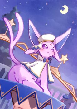 Rule 34 | absurdres, animal focus, blush, bow, capelet, closed mouth, clothed pokemon, espeon, espeon (starry sky), forehead jewel, forked tail, gen 2 pokemon, hat, highres, illustrattyako, looking at viewer, moon, night, nintendo, no humans, pokemon, pokemon (creature), pokemon cafe remix, pokemon focus, purple eyes, sky, smile, star (sky), tail, umbreon, umbreon (starry sky)