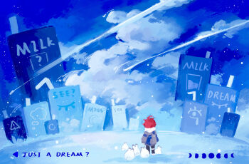 Rule 34 | 1boy, absurdres, ahoge, animalization, aotsuki eito, black pants, blue background, blue jacket, blue sky, chinese commentary, cloud, commentary request, cumulonimbus cloud, drink carton, english text, from behind, grey jacket, highres, jacket, juice box, long sleeves, male focus, moon phases, multicolored jacket, pants, rabbit, red hair, shoes, short hair, sign, sky, sumino takumi, the hundred line -last defense academy-, thigh strap, trade-wind, two-tone jacket, warning sign, white rabbit (animal), white shoes