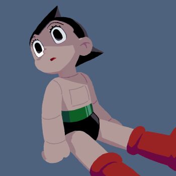 1boy :o android atom_(tetsuwan_atom) belt black_eyes black_hair boots briefs bright_pupils eyelashes highres joints knee_boots male_underwear marias_(harako) red_boots shade simple_background sitting solo tetsuwan_atom unconscious underwear white_pupils