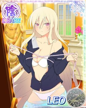 Rule 34 | 1girl, aquarius (symbol), aries (symbol), black shirt, blonde hair, blue skirt, bra, breasts, bust measuring, buttons, cancer (symbol), capricorn (symbol), card (medium), casual, character name, chest of drawers, cleavage, closed mouth, collarbone, curtains, dodecagram, floral print, floral print skirt, flower, flower pot, gemini (symbol), groin, hair between eyes, holding tape measure, indoors, large breasts, leo (senran kagura), leo (symbol), libra (symbol), linea alba, long hair, long sleeves, looking at viewer, measuring, official art, open clothes, open shirt, panties, pink flower, pink rose, pisces (symbol), plant, potted plant, print skirt, purple eyes, rose, sagittarius (symbol), school emblem, scorpio (symbol), senran kagura, senran kagura new wave, shirt, skindentation, skirt, solo, tape measure, taurus (symbol), underwear, very long hair, virgo (symbol), white bra, white panties, wooden floor, yellow trim, zodiac wheel