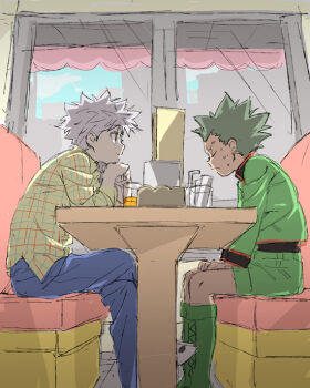 2boys backlighting blue_pants booth_seating boots closed_eyes commentary crossed_legs cup day diner drinking_glass elbow_rest feet_out_of_frame bad_tag from_below from_side frown gon_freecss green_footwear green_hair green_jacket green_shorts hands_on_lap hands_up head_rest hunter_x_hunter indoors jacket killua_zoldyck legs_together light_smile long_sleeves looking_at_another male_focus mito_tomiko multiple_boys muted_color nervous_sweating pants shirt short_hair shorts sitting spiked_hair sweat table unkempt v-shaped_eyebrows white_hair window yellow_shirt