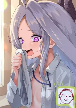 1boy 1girl @_@ absurdres ahoge black_horns blue_archive borrowed_clothes breasts collared_shirt commentary crying crying_with_eyes_open demon_girl demon_horns doodle_sensei_(blue_archive) embarrassed flying_sweatdrops forehead furrowed_brow highres hina_(blue_archive) horns indoors loli long_hair long_sleeves open_clothes open_mouth open_shirt parted_bangs purple_eyes sensei_(blue_archive) shirt shirt_pocket sleeves_rolled_up small_breasts smelling_clothes sweat sweatdrop tears teritama_(teritama_house) unbuttoned very_long_hair white_hair white_shirt
