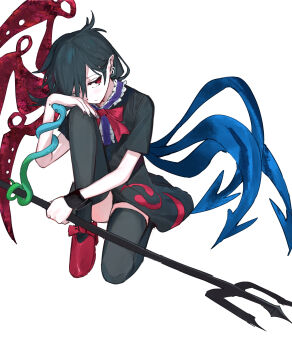 Rule 34 | 1girl, absurdres, asymmetrical wings, black dress, black hair, black thighhighs, blue wings, bow, bowtie, commentary request, dress, earrings, highres, hoop earrings, houjuu nue, jewelry, looking at viewer, pointy ears, polearm, red bow, red bowtie, red eyes, red shoes, red wings, shoes, simple background, solo, takoyaki5221, thighhighs, touhou, trident, weapon, white background, wings