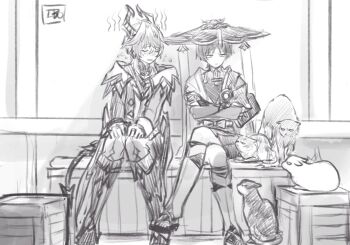 Rule 34 | 2boys, 49ibo240, armor, artist name, belt, blunt ends, blush, bodysuit, boots, bow, bridal gauntlets, cape, cat, chest jewel, closed eyes, closed mouth, coat, crate, crossed arms, crossed bangs, crossed legs, dragon boy, dragon horns, dragon tail, dragon wings, facing another, flying sweatdrops, gem, genshin impact, greyscale, hair between eyes, hakama, hakama shorts, hand on own arm, hands on own knees, hat, heart-shaped gem, highres, horns, japanese armor, japanese clothes, jingasa, kimono, knee boots, knees together feet apart, kote, leg warmers, long sleeves, looking at animal, low wings, middle ring, mini durin (genshin impact), mini durin (human) (genshin impact), monochrome, multiple boys, open clothes, open coat, open kimono, pants, parted lips, rope, scaramouche (genshin impact), shorts, shoulder peek, sitting, sketch, tail, tsurime, vest, vision (genshin impact), wanderer (genshin impact), wings, wispy bangs