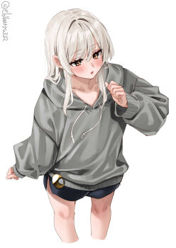 1girl black_shorts blush brown_eyes collarbone commentary_request crescent cropped_legs drawstring ebifurya grey_hair grey_hoodie hair_between_eyes hand_up highres hood hood_down hoodie kantai_collection kikuzuki_(kancolle) long_hair long_sleeves one-hour_drawing_challenge parted_lips puffy_long_sleeves puffy_sleeves shorts simple_background solo twitter_username white_background