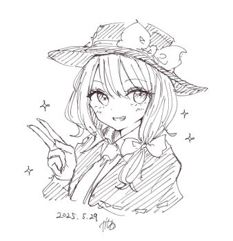 1girl black_hat blush bow capelet collar dated greyscale grin hair_between_eyes hair_bow happy hat hat_bow kashiwada_kiiho monochrome necktie shirt signature simple_background smile solo sparkle touhou usami_renko v white_background white_bow white_collar white_shirt