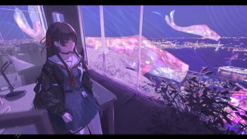 1girl absurdres artist_logo black_choker black_hair black_jacket black_serafuku black_shirt black_skirt breasts chisa_(wuthering_waves) choker commentary desk english_commentary hair_ribbon highres indoors jacket letterboxed logo long_hair looking_outside medium_breasts neckerchief qurami red_eyes red_neckerchief red_ribbon ribbon sailor_collar school_uniform serafuku shirt skirt solo thigh_strap white_sailor_collar window wuthering_waves