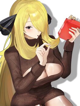 1girl black_eyes blonde_hair blush brown_sweater cleavage_cutout clothing_cutout cynthia_(pokemon) food food_in_mouth hair_ornament hashtag-only_commentary highres holding holding_food holding_pocky long_hair nintendo pocky pocky_day pocky_in_mouth pokemon pokemon_dppt solo sweater tyotto22 very_long_hair