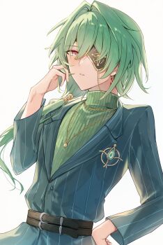 1boy anaxa_(honkai:_star_rail) anaxa_(world_tour_2025)_(honkai:_star_rail) belt black_belt commentary_request eyepatch green_hair green_jacket green_sweater hair_intakes hair_over_shoulder hand_in_own_hair hand_on_own_hip hand_up haru_(eharuru_32) highres honkai:_star_rail honkai_(series) jacket jewelry long_hair looking_at_viewer male_focus multiple_belts necklace official_alternate_costume ponytail simple_background solo striped_clothes striped_jacket sweater turtleneck turtleneck_sweater upper_body white_background