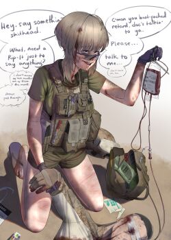 1boy 1girl absurdres bandages bandages_over_eyes blonde_hair blood blood_bag blood_on_face crying dirty english_text first_aid gloves green_shirt hand_grab highres injury kneeling load_bearing_vest military_combat_uniform military_uniform original puto_trash sandals scissors shirt shorts soldier speech_bubble sunglasses t-shirt