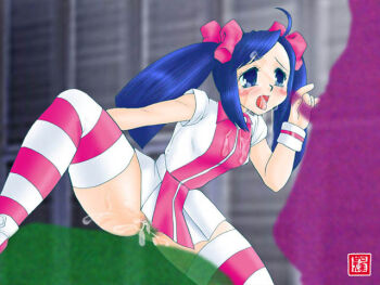 Rule 34 | blue eyes, blue hair, blush, capcom, censored, cum, cum in pussy, cum on body, cum on clothes, cum on lower body, facial, justice gakuen, karuizawa momo, sex, socks, spread legs, striped legwear, tongue, twintails, vaginal