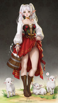 1girl absurdres animal baby_animal blondynkitezgraja boots breasts brown_boots bucket clothes_lift commentary earrings elf english_commentary floral_background floral_print frieren full_body gold_choker grass green_eyes grey_hair grin heart highres instagram_username jewelry lamb lifting_own_clothes long_hair long_pointy_ears long_sleeves looking_at_viewer medium_breasts milk parted_bangs pointy_ears polish_clothes puffy_long_sleeves puffy_sleeves red_skirt sheep shirt signature skirt skirt_lift smile solo sousou_no_frieren spoken_heart standing twintails twitter_username watermark web_address white_shirt wooden_bucket