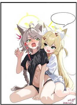 2girls @_@ ^^^ ahoge anger_vein angry animal_ear_fluff animal_ears bilingual_commentary black_panties black_shirt blank_speech_bubble blonde_hair blue_archive blush braid breast_conscious commentary embarrassed english_commentary fang flat_chest flat_chest_grab fox_ears fox_girl full_body grabbing_another&#039;s_breast grabbing_from_behind green_eyes grey_hair groping halo hand_under_clothes hand_under_shirt highres kurumi_(blue_archive) long_hair melissa_v2 mixed-language_commentary multiple_girls navel nose_blush open_mouth otogi_(blue_archive) panties puff_of_air shirt signature simple_background sitting skin_fang speech_bubble straight_hair surprised underwear v-shaped_eyebrows very_long_hair wariza white_background white_shirt yellow_halo yuri