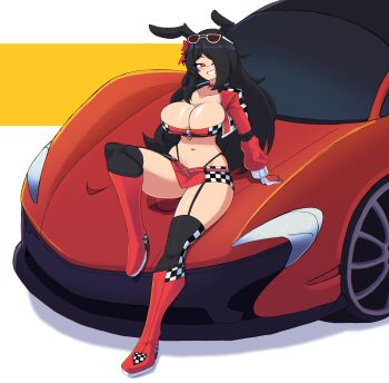 1girl absurdres bandeau black_hair blush boots borrowed_character bow breasts car choker cleavage collarbone cropped_jacket doce female_focus full_body gloves grin hair_bow hair_over_one_eye half-closed_eyes heart heart-shaped_pupils highres jacket large_breasts long_hair looking_at_viewer microskirt motor_vehicle on_car open_clothes open_jacket original rabbit_ears rabbit_girl red_bow red_car red_eyes red_gloves red_jacket red_skirt skirt smile solo sunglasses_on_head symbol-shaped_pupils thigh_boots tinted_eyewear two-tone_gloves white_background white_gloves