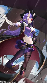 Rule 34 | 1girl, absurdres, belt, black hair, black hat, boots, breasts, captain hannah, cleavage, closed mouth, eyepatch, hat, highres, holding, holding sword, holding weapon, horn ornament, horn ring, horns, indie virtual youtuber, large breasts, long hair, looking at viewer, midriff, minkyol, multicolored hair, oni, pirate hat, pirate ship, pointy ears, purple hair, purple skirt, red eyes, sail, skirt, solo, standing, sword, virtual youtuber, weapon