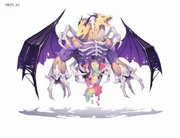 Rule 34 | black wings, bone, character request, colored sclera, conjoined, dragon, dragon wings, exposed bone, floating, jellyppi, korean text, monster, monster focus, nexon, official art, open mouth, production art, purple wings, second-party source, shadow, slit pupils, tales weaver, tongue, torn wings, translation request, twitter username, wings, yellow fur, yellow sclera