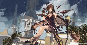 1girl absurdres arknights bad_link bare_shoulders black_dress black_eyes black_gloves black_hair black_halo black_shoes black_wings breasts cello crossed_legs dress gloves halo high_heels highres instrument linkai long_hair night night_sky official_alternate_costume outdoors shoes sky small_breasts solo virtuosa_(arknights) virtuosa_(diversity_oneness)_(arknights) watermark weibo_watermark wings