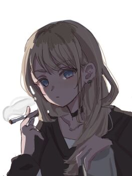 1girl black_choker black_shirt blue_eyes choker cigarette commentary earclip girls_band_cry grey_hair highres holding holding_cigarette kawaragi_momoka long_hair multicolored_hair parted_lips roots_(hair) salted_butter_m shirt sidelocks simple_background smoke solo upper_body white_background