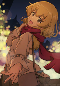 Rule 34 | 1girl, bag, black dress, blonde hair, blurry, bokeh, carpaccio (girls und panzer), carrying, cellphone charm, charm (object), coat, depth of field, dress, dutch angle, ehirorotoon, emblem, enpera, from behind, girls und panzer, green eyes, grey coat, handbag, highres, hippopotamus, long hair, long sleeves, looking at viewer, looking back, night, open mouth, outdoors, reaching, reaching towards viewer, red scarf, scarf, smile, solo, standing, twitter username