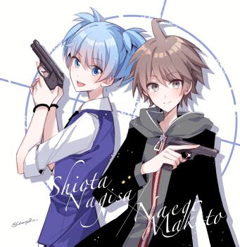 2boys ahoge ansatsu_kyoushitsu black_jacket blue_eyes blue_hair blue_vest brown_hair character_name closed_mouth commentary_request crossover danganronpa:_trigger_happy_havoc danganronpa_(series) green_eyes green_hoodie gun highres holding holding_gun holding_weapon hood hood_down hoodie jacket long_sleeves male_focus multiple_boys naegi_makoto open_clothes open_jacket open_mouth shadow71580825 shiota_nagisa shirt short_hair short_twintails smile teeth twintails twitter_username upper_body upper_teeth_only vest weapon white_background white_shirt zipper