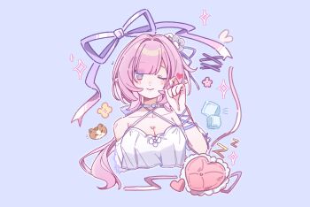 1girl ;) absurdres bare_shoulders blue_background blue_eyes breasts can_(honkai_impact) cat cleavage crop_top elf elysia_(honkai_impact) heart heart-shaped_pillow highres honkai_(series) honkai_impact_3rd ice ice_cube looking_at_viewer medium_hair one_eye_closed pillow pink_hair pointy_ears simple_background smile solo textless_version yinanhuahua