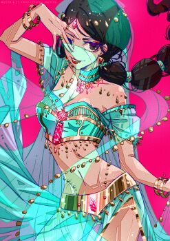 1girl absurdres aladdin_(movie) arabian_clothes bare_shoulders black_hair breasts brown_eyes brown_hair chinese_commentary commentary dark-skinned_female dark_skin earrings highres jasmine_(disney) jewelry long_hair looking_at_viewer navel necklace off_shoulder pants shirt smile solo very_long_hair vinko961026