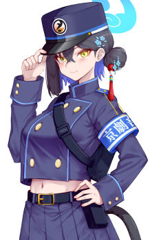 Rule 34 | 1girl, absurdres, adjusting clothes, adjusting headwear, alternate costume, ankomochi142, black hair, blue archive, blue halo, blue jacket, blue skirt, blush, closed mouth, colored inner hair, cosplay, hair between eyes, hair bun, halo, hand on own hip, highres, hikari (blue archive), hikari (blue archive) (cosplay), jacket, kaguya (blue archive), looking at viewer, multicolored hair, navel, panther girl, panther tail, short sleeves, skirt, smile, solo, tail, two-tone hair, yellow eyes