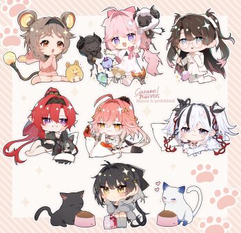 6+girls absurdres adapted_costume ahoge alternate_costume aqua_eyes bare_shoulders black_cat black_flower black_hair black_hairband black_jacket black_shirt black_shorts black_thighhighs blake_bloom_(wuthering_waves) blue_eyes blush body_markings bow bowl braid brown_eyes brown_hair camellya_(wuthering_waves) caramelmarron cat changli_(wuthering_waves) chibi chibi_only circle_facial_mark closed_mouth cloudy_(wuthering_waves) colored_extremities colored_inner_hair colored_tips cosmos_(wuthering_waves) crop_top dress encore_(wuthering_waves) feather_hair female_rover_(wuthering_waves) flower flower-shaped_pupils glasses grey_eyes grey_hair grey_jacket grey_socks hair_between_eyes hair_bow hair_flower hair_intakes hair_ornament hair_rings hair_vines hairband hairclip hand_up hands_up head_rest high_ponytail highres holding holding_paintbrush hood hood_down hooded_jacket jacket kneeling leggings long_hair looking_ahead looking_at_viewer lumi_(wuthering_waves) mark_under_both_eyes mechanical_tail midriff missing_commentary multicolored_eyes multicolored_hair multiple_girls navel no_humans off_shoulder open_clothes open_jacket open_mouth orange_eyes paintbrush pantyhose parallel_hairclips parted_lips pet_bowl pet_food pillow pink_bow pink_eyes pink_hair pink_jacket pink_pupils pointy_ears ponytail purple_eyes red_hair red_hands red_pupils round_eyewear rover_(wuthering_waves) shirt short_hair short_twintails shorts sidelocks signature simple_background smile socks squatting strap_slip stuffed_toy symbol-shaped_pupils tacet_discord_(wuthering_waves) tacet_mark_(wuthering_waves) tail thick_eyebrows thighhighs twin_braids twintails two-tone_eyes two-tone_hair very_long_hair white_background white_cat white_dress white_hair white_leggings white_pantyhose white_socks wuthering_waves yellow_eyes yinlin_(wuthering_waves) zapstring_(wuthering_waves) zhezhi_(wuthering_waves)