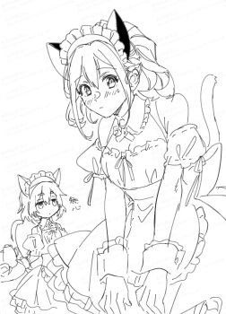 Rule 34 | 1boy, 1girl, alternate costume, animal ears, apron, blush, braid, cat ears, cat tail, commentary request, crossdressing, crossdressing (mtf), dress, enmaided, frills, half up braid, highres, ikuhashi muiko, long hair, looking at viewer, maid, maid apron, maid headdress, monochrome, off-shoulder dress, off shoulder, puffy short sleeves, puffy sleeves, robotics;notes, science adventure, senomiya akiho, short hair, short sleeves, simple background, sketch, tail, white background, wrist cuffs, yashio kaito