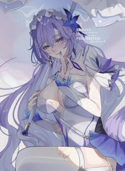 1girl :q absurdres blue_eyes blue_flower breasts cantarella_(wuthering_waves) closed_mouth commentary dress flower hair_flower hair_ornament hand_up headdress highres holding holding_umbrella large_breasts long_fingers looking_at_viewer mark_under_eye mole mole_under_eye nail_polish nukoxx_02 purple_nails shrug_(clothing) smile solo thighhighs thighs tongue tongue_out umbrella watermark white_dress white_shrug white_thighhighs white_umbrella wuthering_waves