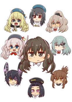 aqua_hair ashigara_(kancolle) atago_(kancolle) beret black_hair black_hat blonde_hair blue_hat brown_eyes daigorou_(42036928) facial_scar folded_ponytail grey_hair halo hat head_only headgear inazuma_(kancolle) kantai_collection kashima_(kancolle) kumano_(kancolle) long_hair mechanical_halo ponytail purple_eyes red_eyes scar scar_on_cheek scar_on_face short_hair suzuya_(kancolle) takao_(kancolle) tenryuu_(kancolle) twintails