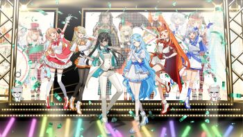 &gt;_&lt; 6+girls :d absurdres adria_anthelia alternate_costume anu_ochre aqua_hair black_gloves black_hair black_pantyhose blonde_hair blue_eyes blue_gloves blue_hair blunt_bangs bond_en bondlive bow breasts brown_eyes cape closed_mouth coat coattails collared_shirt colored_inner_hair commentary demon_horns dress drill_hair emilie_elysee_millford english_commentary frilled_dress frills gloves glowstick green_shoes hair_bow hair_intakes hair_ribbon heterochromia highres holding holding_glowstick horns long_hair multi-tied_hair multicolored_hair multicolored_shoes multiple_girls official_art okonomi_aki one-chi open_mouth orange_bow orange_eyes orange_hair orange_shoes pants pantyhose penlight_(glowstick) puffy_short_sleeves puffy_sleeves red_cape red_eyes red_hair red_ribbon red_shoes ribbon second-party_source shirt shoes short_sleeves shorts skirt smile sometsuke_mezzo stage streaked_hair streamers thighhighs tongue two-tone_hair two-tone_shoes very_long_hair virtual_youtuber vylia_jester white_coat white_gloves white_hair white_pants white_pantyhose white_shoes white_shorts white_skirt white_thighhighs