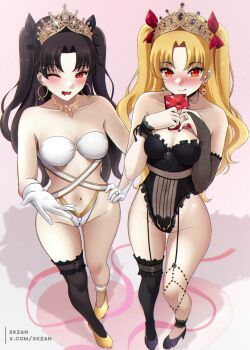 Rule 34 | 2girls, artist name, asymmetrical legwear, bare shoulders, black gloves, black hair, black nails, blonde hair, blush, bow, breasts, chocolate, cleavage, commentary request, crown, diamond (gemstone), earrings, ereshkigal (fate), fate/grand order, fate (series), food, full body, garter straps, gloves, groin, hair bow, hair ribbon, heart, heart-shaped pupils, high heels, highres, holding, holding chocolate, holding food, hoop earrings, ishtar (fate), jewelry, leotard, long hair, looking at viewer, medium breasts, multiple girls, nail polish, navel, one eye closed, open mouth, orange eyes, paid reward available, parted bangs, red eyes, ribbon, ring, siblings, sisters, skull, skull ornament, sleeveless, small breasts, smile, symbol-shaped pupils, thighhighs, tiara, twitter username, two side up, underwear, valentine, white gloves, xkzan